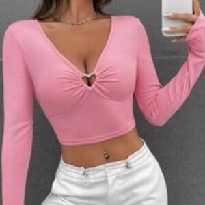 SHEIN Pink Heart Cutout Long Sleeve Top Valentine’s Day